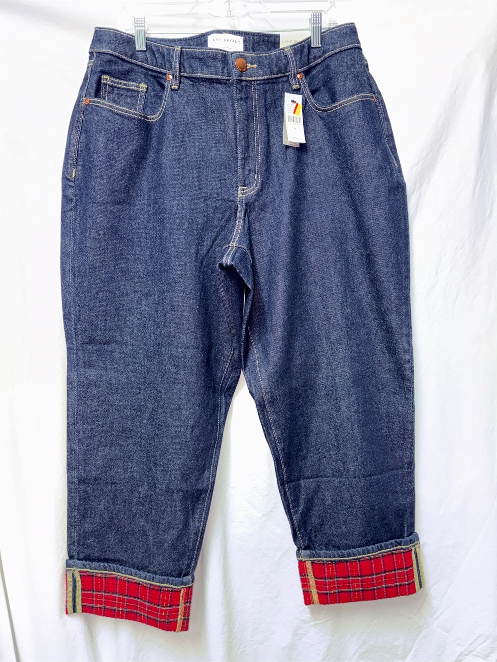 Lane Bryant 16 Boyfriend Relaxed Fit Jeans - Dark Blue w/ Red Plaid Cuffs #0071